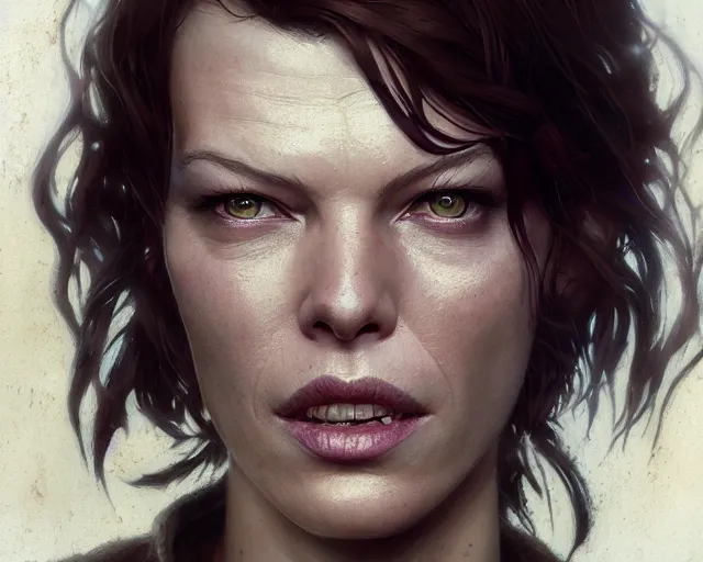 Image similar to highly detailed portrait of milla jovovich, in the walking dead, stephen bliss, unreal engine, fantasy art by greg rutkowski, loish, rhads, ferdinand knab, makoto shinkai and lois van baarle, ilya kuvshinov, rossdraws, tom bagshaw, global illumination, radiant light, detailed and intricate environment