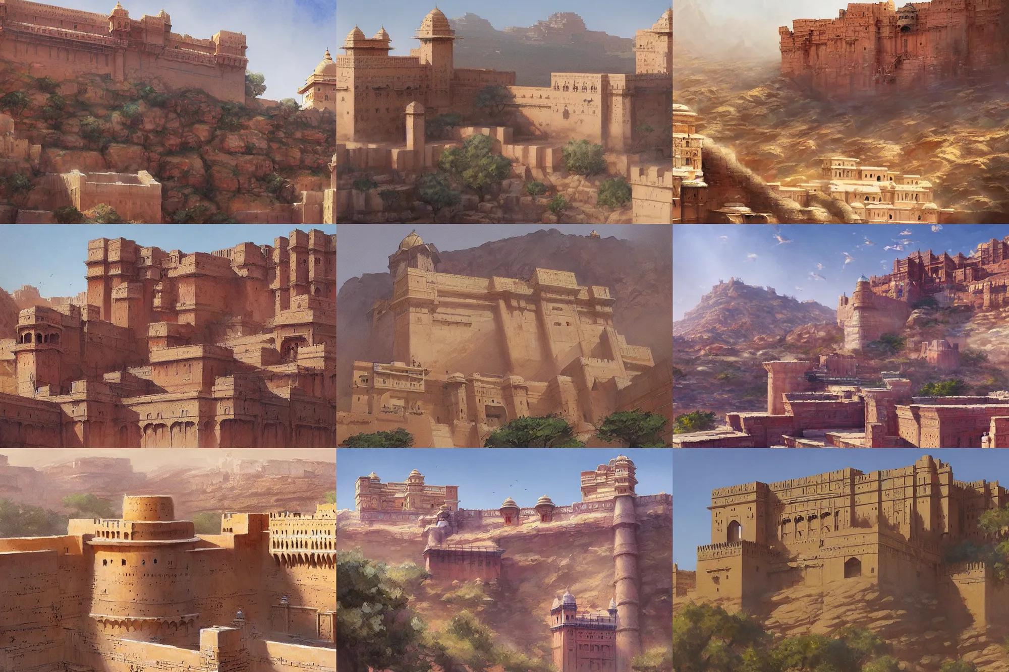 Prompt: painting of Mehrangarh Fort, art by artgerm and greg rutkowski and magali villeneuve