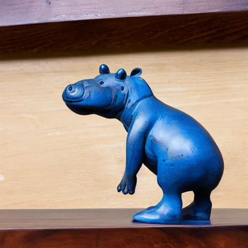 Prompt: a small hippo statue with natural wood belly and polished blue back