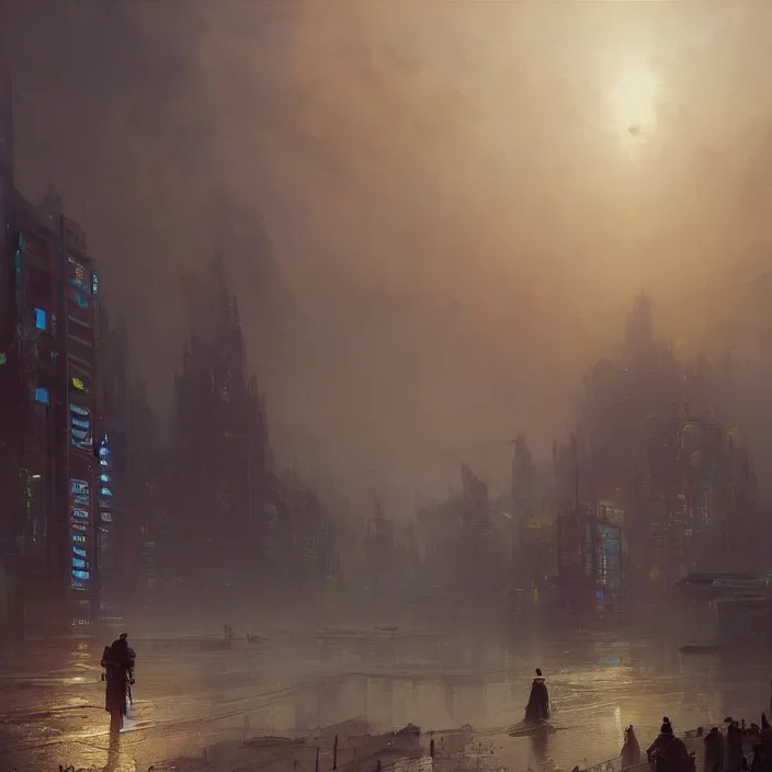 Prompt: a beautiful painting of a cyberpunk city on the wasteland by ivan aivazovsky and greg rutkowski and james gurney and frank lloyd and sung choi, in style of impressionnisme. hyper detailed, sharp focus, soft light. unreal engine 5 lumen. ray tracing. trending on artstation. oil on canvas