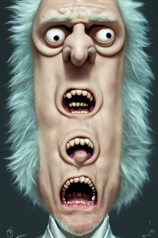 Image similar to Boris Johnson as crazy genius Rick Sanchez from Rick and Morty, unibrow, white robe, big eyes, realistic portrait, symmetrical, highly detailed, digital painting, artstation, concept art, smooth, sharp focus, illustration, cinematic lighting, art by artgerm and greg rutkowski and alphonse mucha