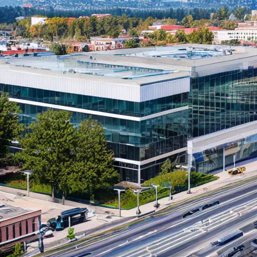 Prompt: aerial view, a beautiful office building exterior with sleek modern design by Gensler and large windows, golden hour, professional photography - W 768