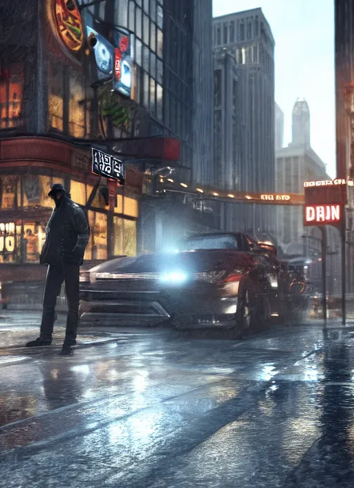 Prompt: watch dogs game, chicago city rainy detailed, a dog is sitting on the street, soft lighting