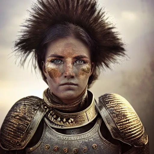 Prompt: head and shoulders portrait of a female knight, military uniform, smudged face, detailed face, photography by jimmy nelson, by paul schutzer, golden hour, jungle