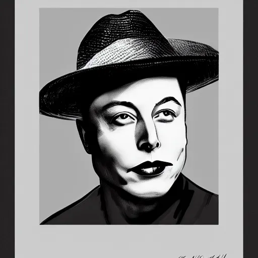 Image similar to a glamorous black and white portrait of elon musk with a hat, in the style of george hurrell