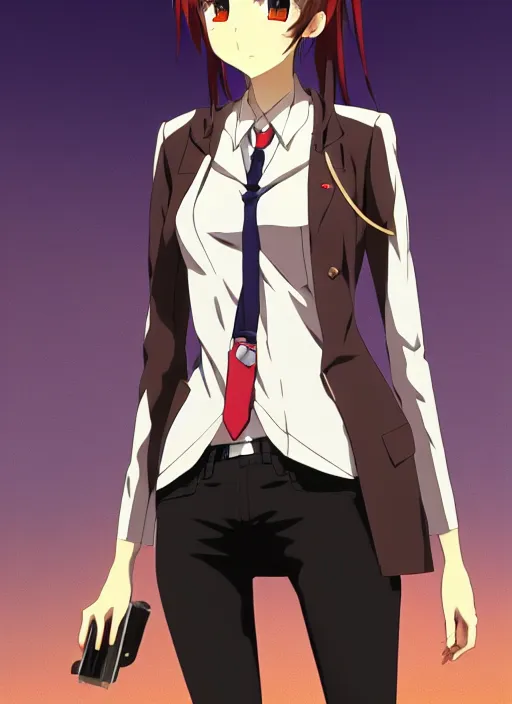 Prompt: Makise Kurisu from steins;gate wearing a jacket, painting in style of krenz cushart ilya kuvshinov KyoAni, Makoto Shinkai,Hideaki Anno,Mochiduki Key ,Studio Ghibli, Madhouse, WHITE FOX, Studio Trigger,GAINAX ,K-ON,yuruyuri, cygames,Production I.G ,wit studio,P.A.WORKS,ufotable,mappa,TOEI Animation,trending on artstation pixiv makoto shinkai smiling super detailed eyes symmetrical face visual novel