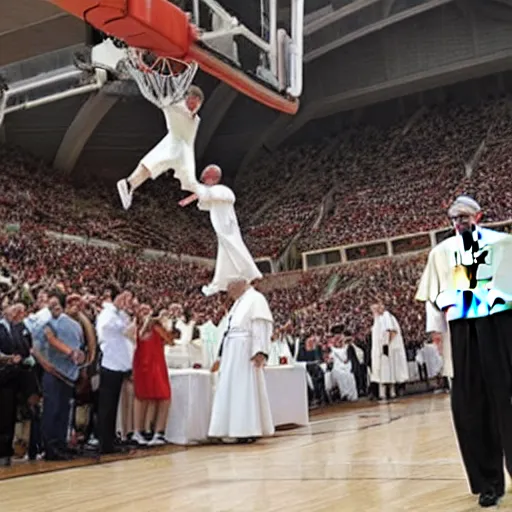 Prompt: pope Francis makes a dunk in the court