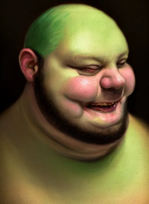 Prompt: ugly fat pale man, greenish skin, wearing fancy renaissance clothes, fantasy, renaissance painting, smiling, portrait in the style of craola, macro lens, shallow depth of field, highly detailed, digital painting, trending artstation, concept art, illustration, cinematic lighting, vibrant colors, photorealism, epic, octane render, magic the gathering artwork, centered