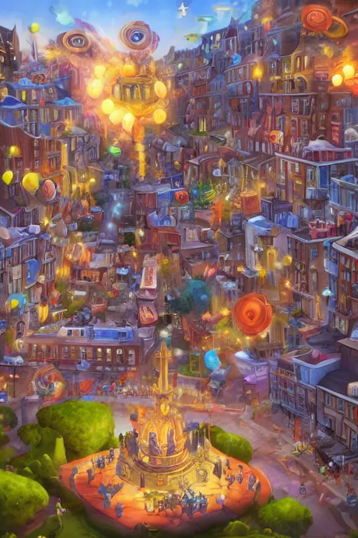Image similar to ! dream hyperrealistic photo of a city of love, bombs are falling from the sky, medium angle, in the style of hearthstone game