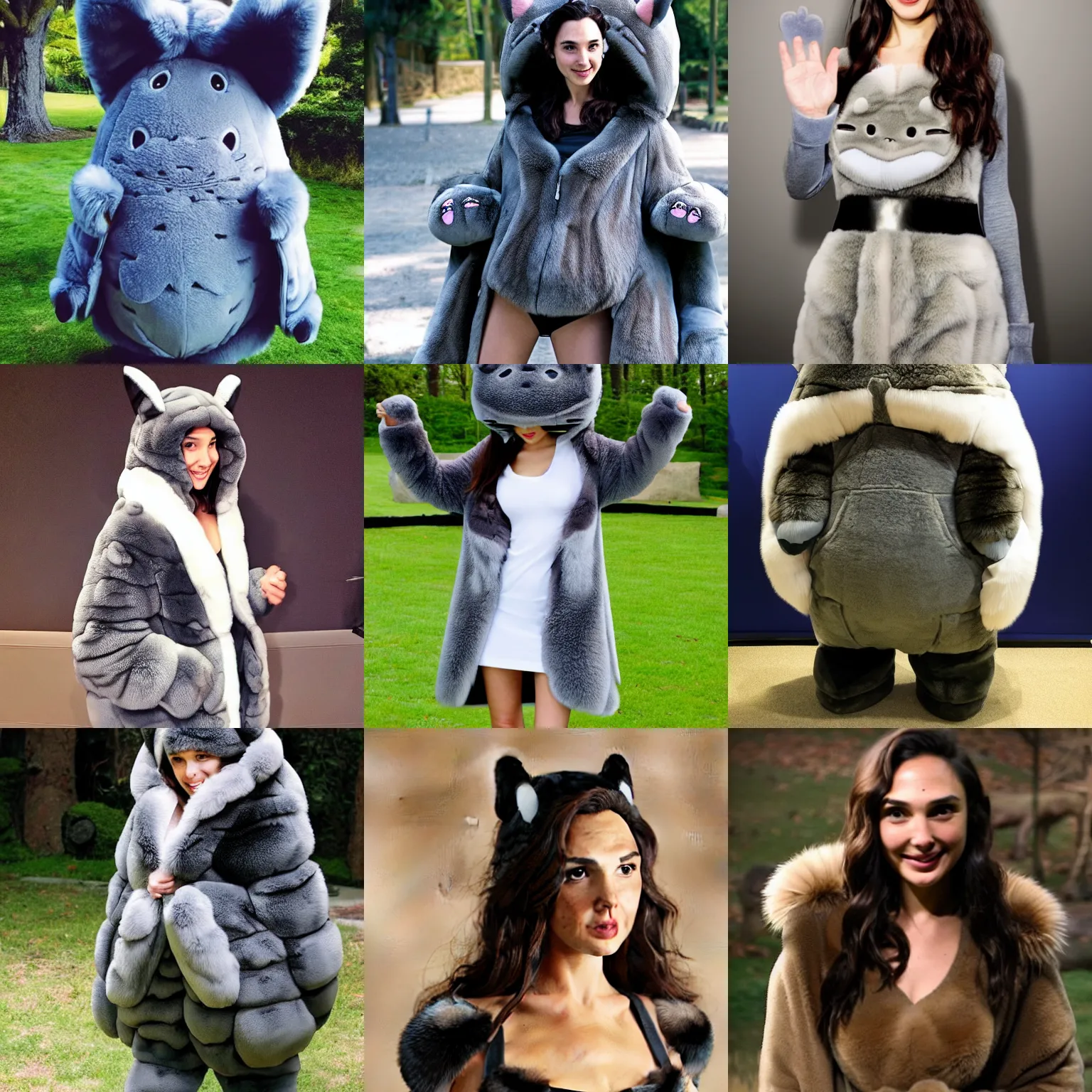 Prompt: gal gadot totoro costume with fur , very realistic! medium shot film still