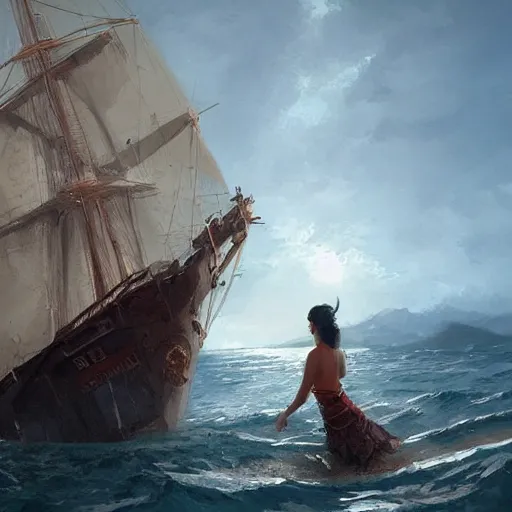 Prompt: A Pacific Islander woman watches a European tall ship approaching shore, digital art by Greg Rutkowski