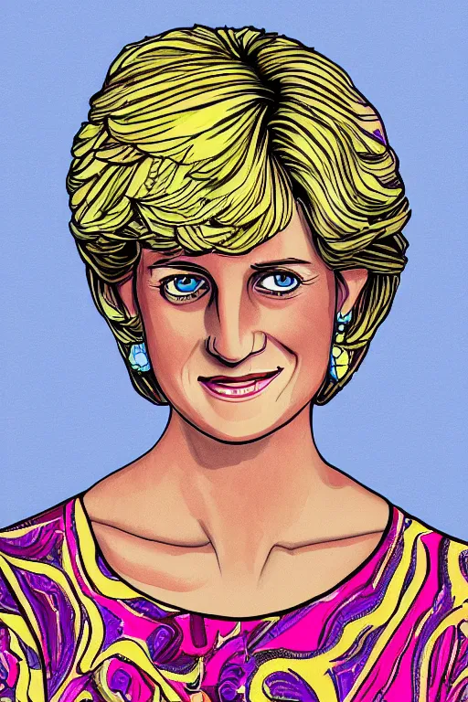 Prompt: illustration of princess diana, drawn by mai yoneyama, detailed, colorful, digital art