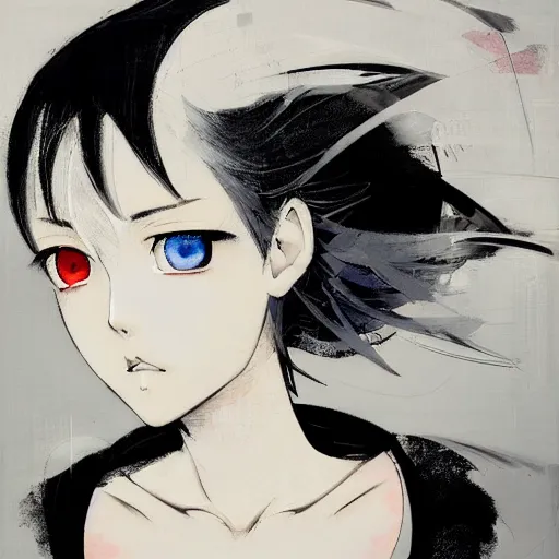 Image similar to Three quarter angle Yoshitaka Amano style portrait of an anime girl with short white hair and black eyes wearing tuxedo with patterns, abstract black and white background, film grain effect, highly detailed, oil painting, expressive brush strokes