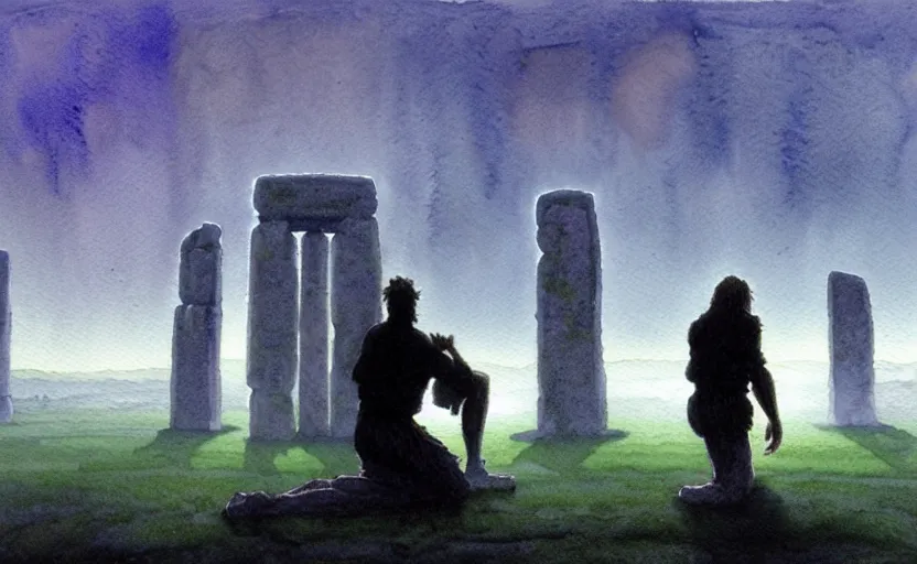 Prompt: a hyperrealist watercolour character concept art portrait of a pagan worshipper kneeling down in prayer in front of a tall elegant giant on a misty night in stone henge. a battlecruiser starship is in the background. by rebecca guay, michael kaluta, charles vess and jean moebius giraud