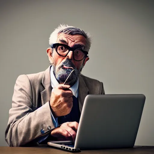 Prompt: old man hipster angry at computer