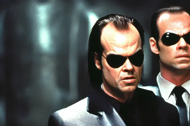 Image similar to Jack Nicholson as Agent Smith on the matrix, 1999, cinematic composition, cinemascope,