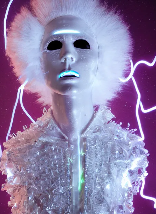 Image similar to photo of fullbodied baroque and bladerunner delicate neon diamond sculpture of seductive ceramic albino marble prince andres sanjuan dotado creamy orange iridescent humanoid deity wearing white fluffy hoody holding diamond skull in a black metallic dungeon, reclining, glowing rainbow face, crown of white diamonds, cinematic lighting, photorealistic, octane render 8 k depth of field 3 d