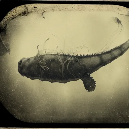 Image similar to tintype photo, lochness monster, underwater, jellyfish