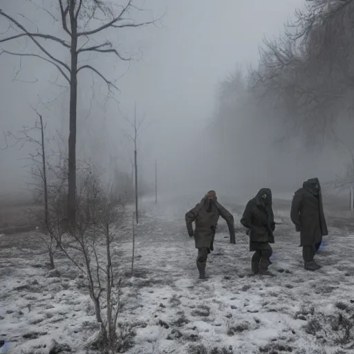 Image similar to flash photograph of an abandoned rundown soviet town with dense fog and men wearing gas masks