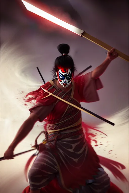 Prompt: portrait of a mad kabuki warrior wielding a spear doing a mie and emitting a visible aura of madness, crossed eyes, hazy, greg rutkowski style, high quality, 8 k,