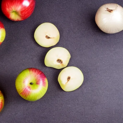 Image similar to set of balance scales with one apple in one side and one onion in the other