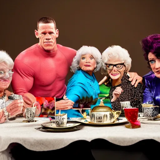 Image similar to john cena and the golden girls heading tea, realistic photography, high detailed