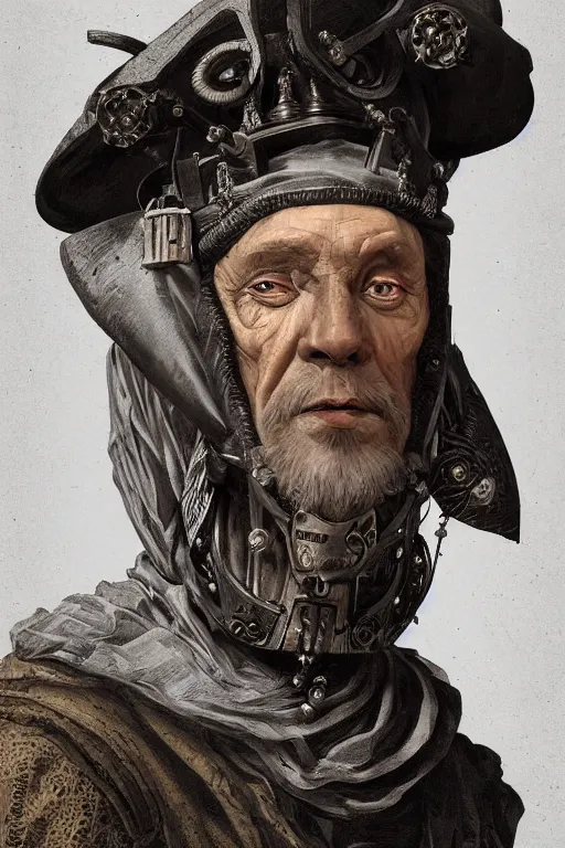 Image similar to portrait, headshot, digital painting, of a old 17th century cyborg merchant, baroque, ornate clothing, realistic, hyperdetailed, chiaroscuro, concept art, art by Franz Hals