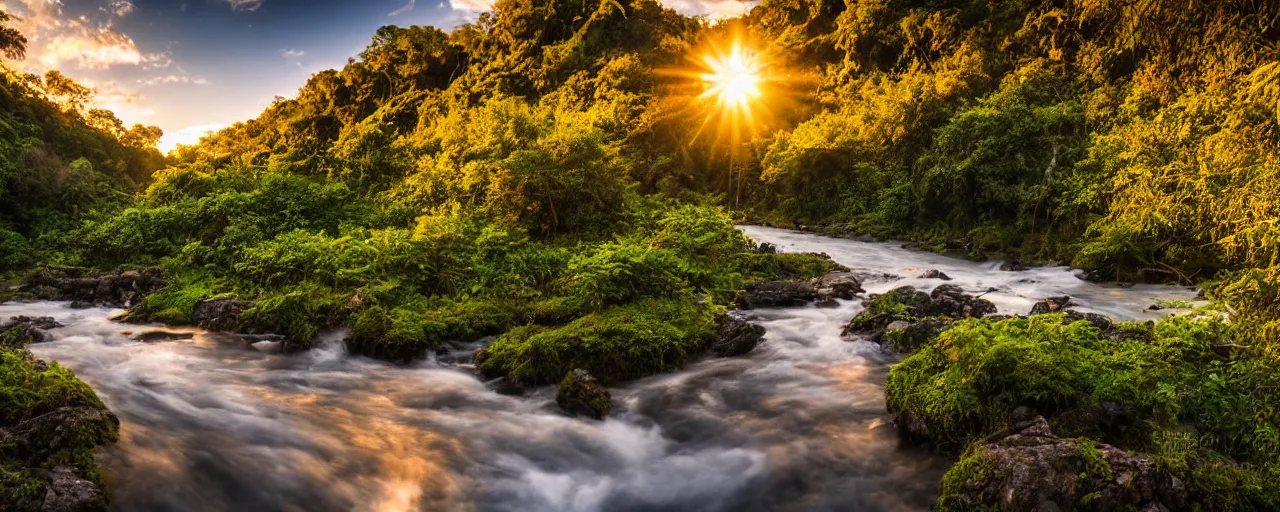 Image similar to River flows through a jungle in the mountains, golden hour, reflections, clouds, flowers, birds, landscape photography, award winning, high detail