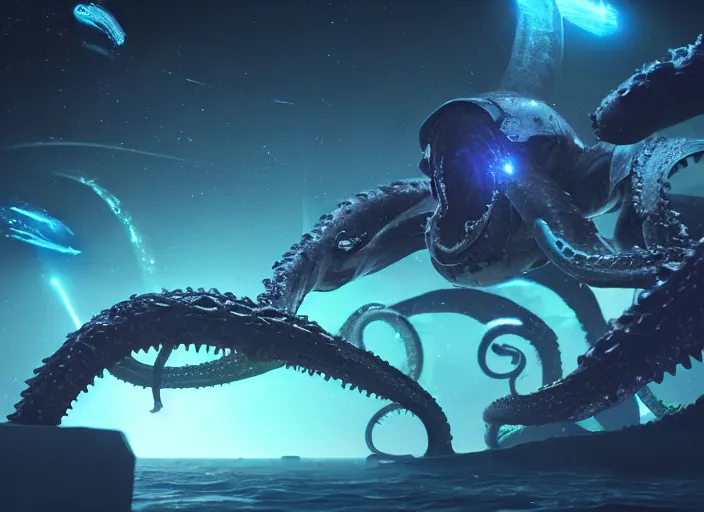 Prompt: a giant bioluminescent space kraken eating a huge spaceship, space battle, epic scale, epic scene, hype realistic, volumetric lighting, cosmic horror, Art station, Octane render, Unreal Engine 3D