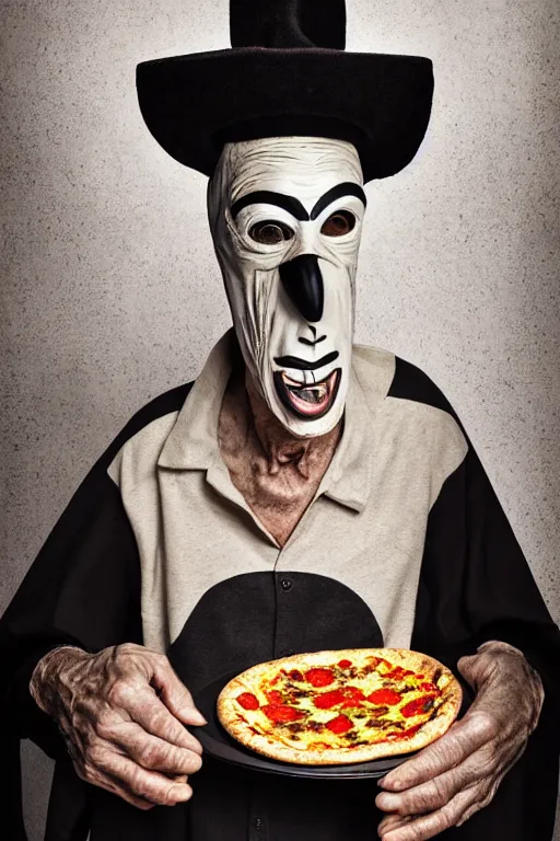 Image similar to portrait photo of an old wrinkled man, skinny face, bony face, long crooked nose, large gaping mouth, black pulcinella mask, masquerade mask, pointy conical hat, white wrinkled shirt, holding pizza, presenting pizza, close - up, skin blemishes, menacing, intimidating, masterpiece by jimmy nelson