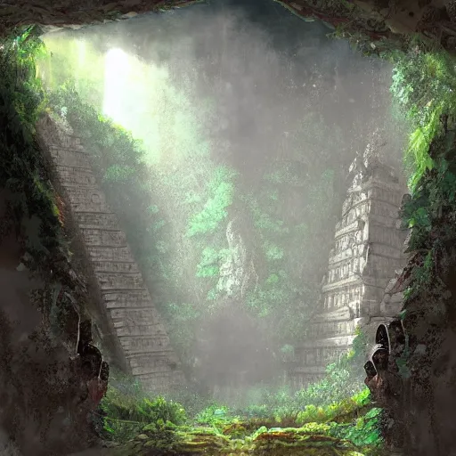 Prompt: entirely underground jungle in a cave with an ancient Mayan temple in its center, Artstation style