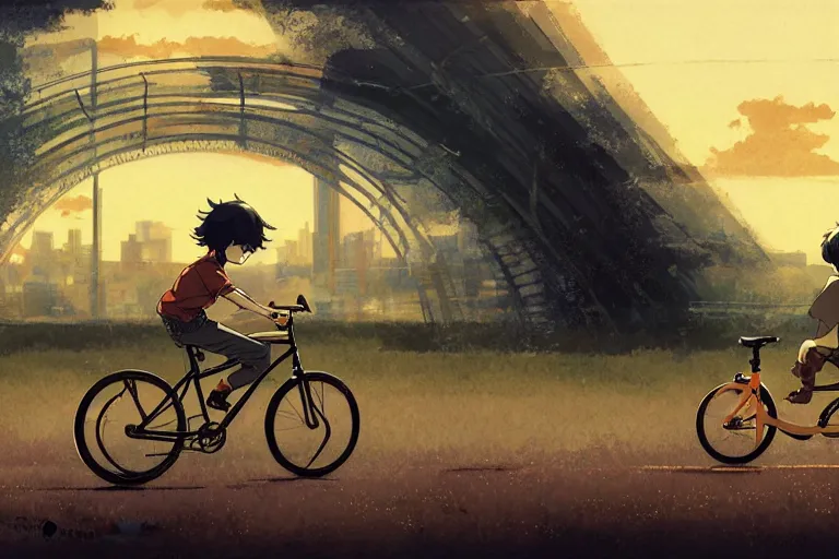 Prompt: a boy riding his bike alone, high intricate details, rule of thirds, golden ratio, cinematic light, anime style, graphic novel by fiona staples and dustin nguyen, by beaststars and orange, peter elson, alan bean, studio ghibli, makoto shinkai