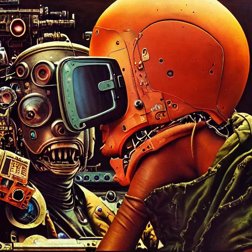 Prompt: junky women, cybertronic gadgets and vr helmet, flesh + technology, durty colours, mid shot, rotten textures, rusty shapes, biotechnology, norman rockwell, tim hildebrandt, dariusz zawadzki, bruce pennington, larry elmore, oil on canvas, deep depth field, masterpiece, cinematic composition, hyper - detailed, hd, hdr