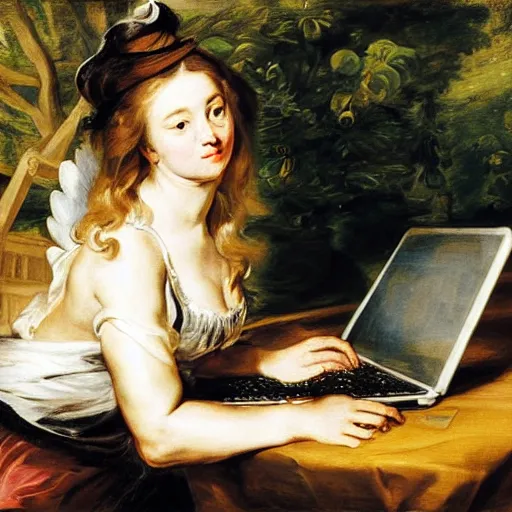 Image similar to heavenly summer sharp land sphere scallop well dressed lady working on her laptop auslese, by peter paul rubens and eugene delacroix and karol bak, hyperrealism, digital illustration, fauvist, looking at her imac laptop