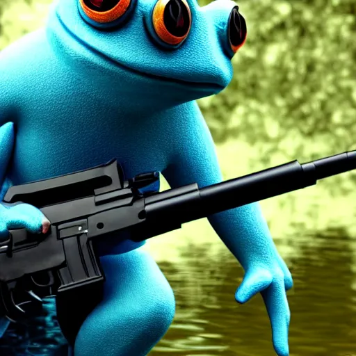 Image similar to cinematic shot of an anthropomorphic frog wearing a blue suit holding a black ak-47 in a swamp, highly intricate, highly detailed, epic,