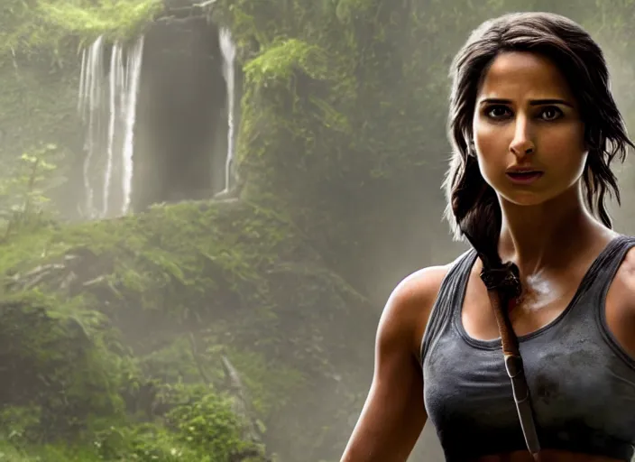 Image similar to film still of!!!! naomi scott!!! as lara croft in new tomb raider movie, 8 k