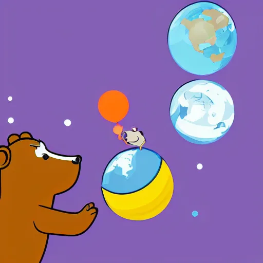 Image similar to cartoon illustration of a bear mascot being launched from a futuristic marble planet, purple and orange cloudland