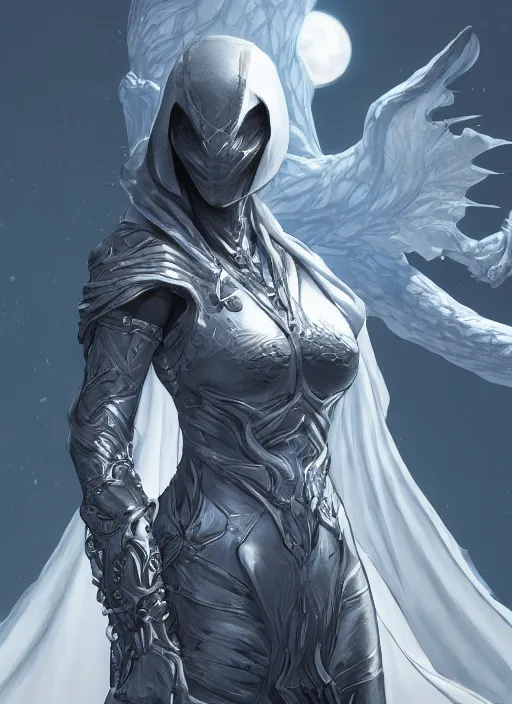 Image similar to female moon knight, hyper detailed, digital art, trending in artstation, cinematic lighting, studio quality, smooth render, unreal engine 5 rendered, octane rendered, art style by klimt and nixeu and ian sprigger and wlop and krenz cushart