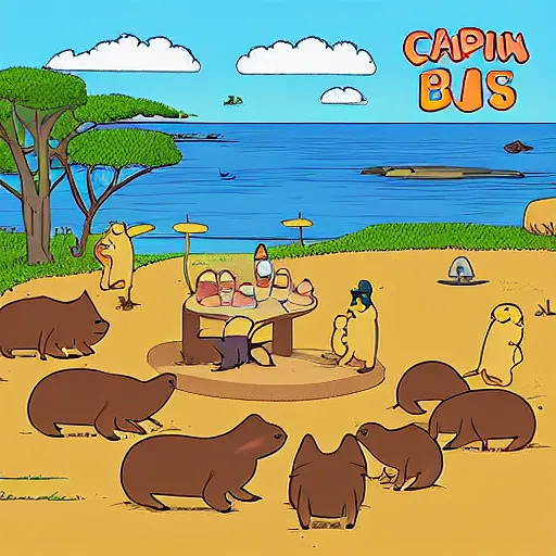 Image similar to capybaras camping on the seaside by yuga labs and by matt groening