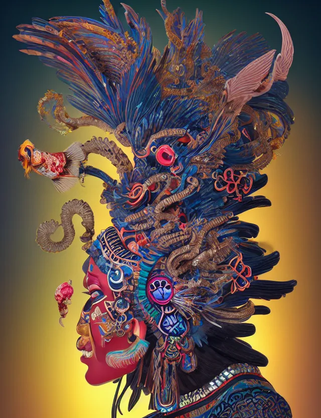 Image similar to 3 d goddess close - up profile portrait aztec with ram skull. beautiful intricately detailed japanese crow kitsune mask and clasical japanese kimono. betta fish, jellyfish phoenix, bio luminescent, plasma, ice, water, wind, creature, artwork by tooth wu and wlop and beeple and greg rutkowski