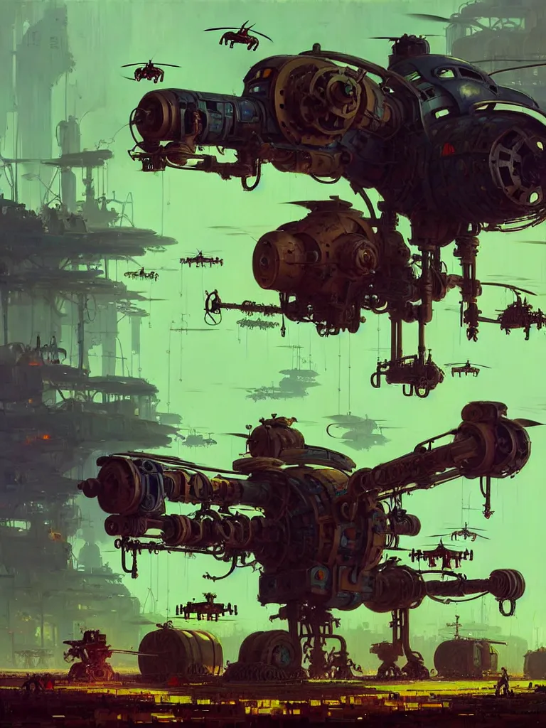 Image similar to dieselpunk concept art of a mechanised farm with drones and mechas working on it, grimy, gritty, dieselpunk trending on artstation, award winning painting, cgi, art by john berkey and anton fadeev and john howe and simon stalenhag