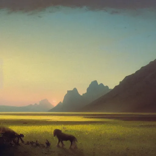 Image similar to an oil painting of a vivid apline tundra on a beautiful dawn by tuomas korpi carl spitzweg and greg rutkowski