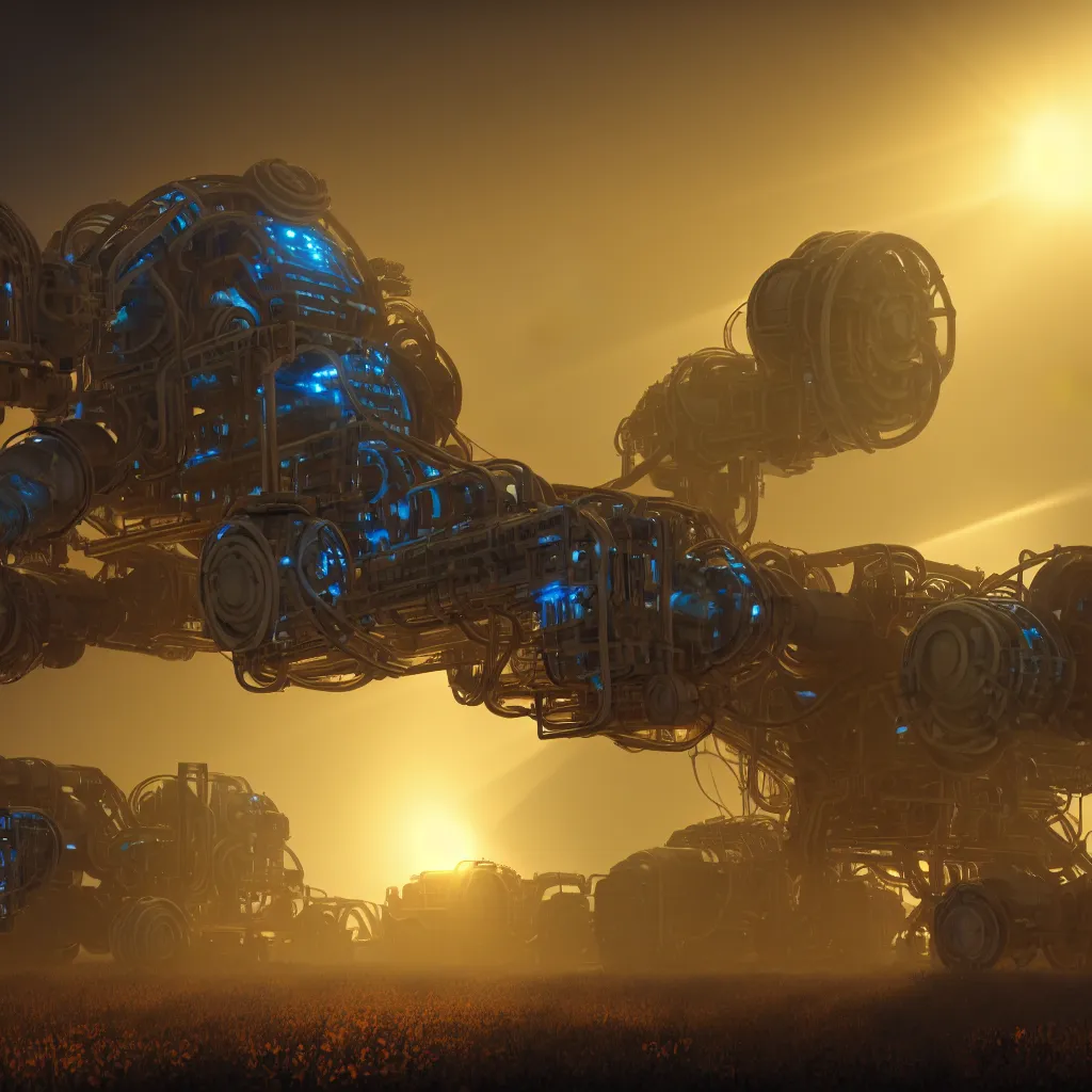 Prompt: factorio inserter, automation, pollution, soft cyan lighting, close up, crepuscular rays, realistic octane render, 8k, ultra detailed, concept art, painted by gaston bussiere