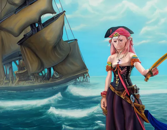 Image similar to painting of an old pirate queen standing on her ship. she is kind, wise, fierce. her swords are at her side. a young girl stands next to her, smiling. lush detail and color. fantasy, anime illustration, intricate, sharp focus, 8 k resolution, frostnine engine