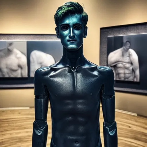 Image similar to “a realistic detailed photo of a guy who is an attractive humanoid who is half robot and half humanoid, who is a male android, twitch streamer Ninja Tyler Blevins, shiny skin, posing like a statue, blank stare, at the museum”