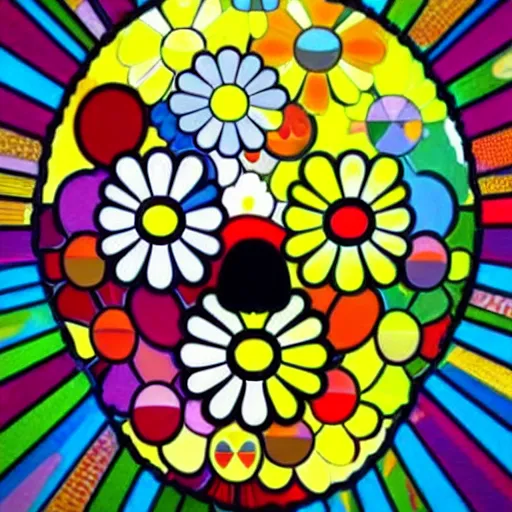 Image similar to silhouette of man's head exploding into flowers, bright colors, Takashi Murakami, Minimalist,