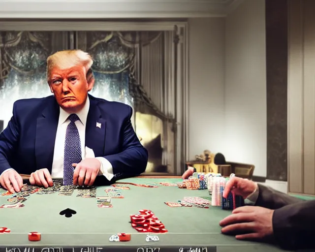 Prompt: Trump playing poker, hyperdetailed, photo realistic, dramatic lighting, Nat Geo award winner, 100mm lens, bokeh
