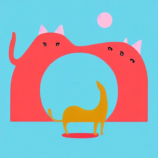 Image similar to minimalist illustrations that depict cats as part of colorful landscapes