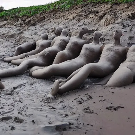 Prompt: plastic mannequins drowning in quicksand on epstein island, highly detailed facial expressions