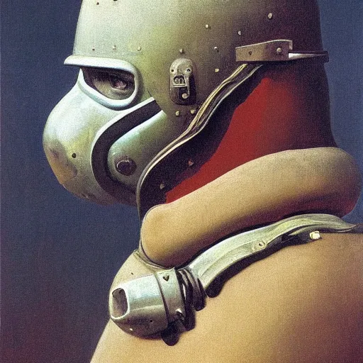 Prompt: portrait painting of a medieval knight soldier wearing gas mask by George Stubbs, zdzisław beksiński, renaissance painting, oil painting, old master